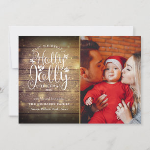 Christmas Holly Jolly Script Rustic Wood Foto Feiertagskarte