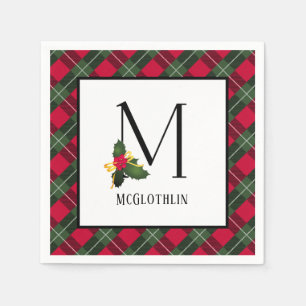Christmas Holly Kariert Monogram M Personalisiert Serviette