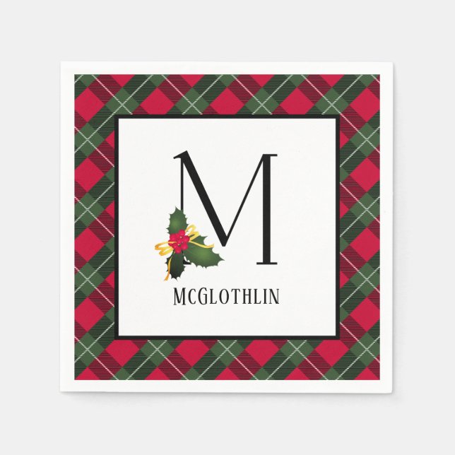 Christmas Holly Kariert Monogram M Personalisiert Serviette (Vorderseite)