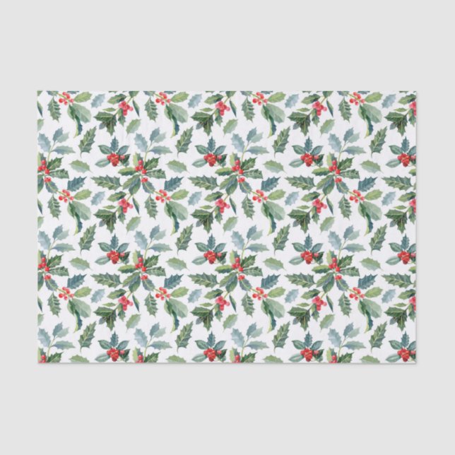 Christmas Holly Leaves and Berries on White Seidenpapier (Vorderseite)