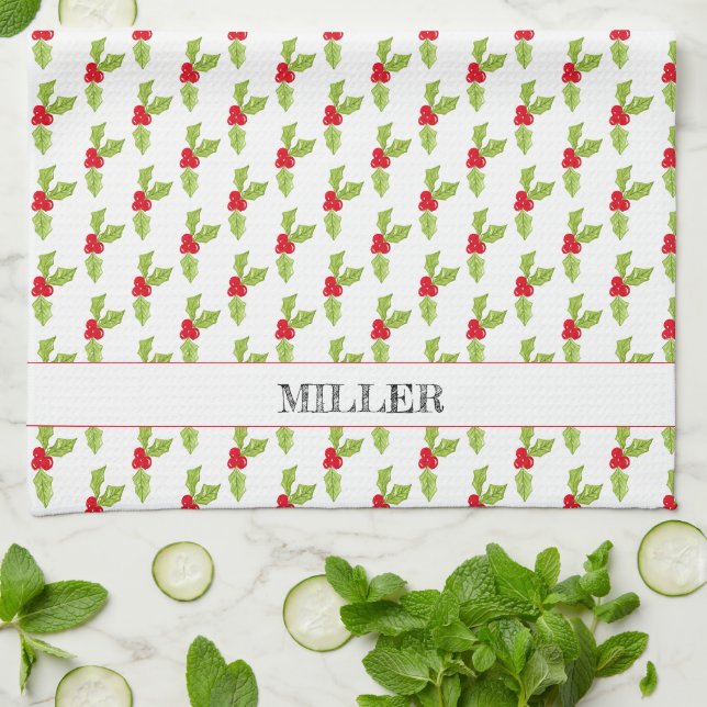Christmas Holly Mistletoe Pattern NAME Joy Festive Geschirrtuch (Gefaltet)