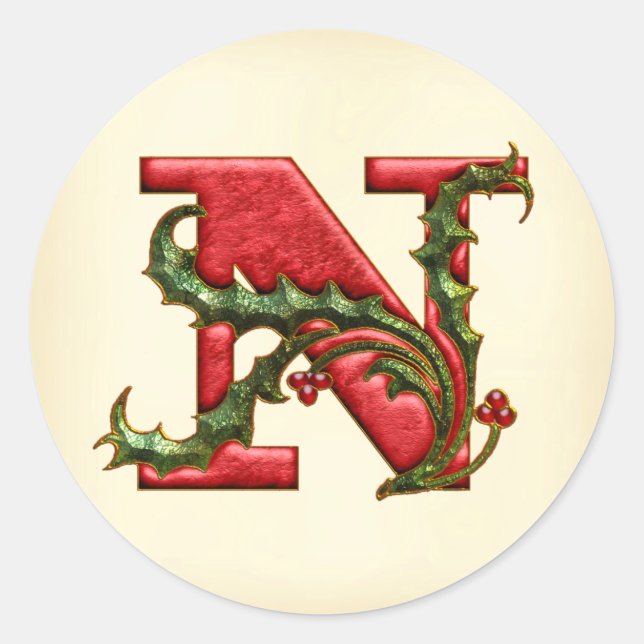 Christmas Holly Monogram N Umschlag Aufkleber (Vorderseite)