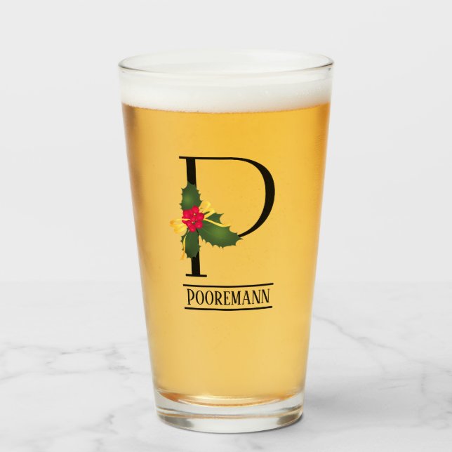 Christmas Holly Monogram P Personalisiert Beer Glas (Vorne (Gefüllt))