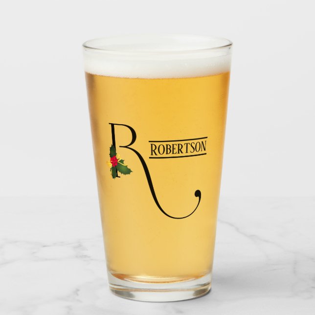 Christmas Holly Monogram R Personalisiert Beer Glas (Vorne (Gefüllt))