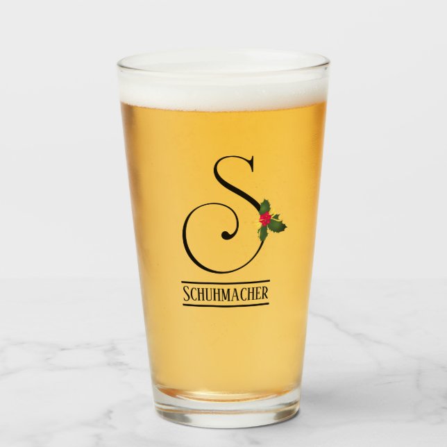 Christmas Holly Monogram S Personalisiert Beer Glas (Vorne (Gefüllt))