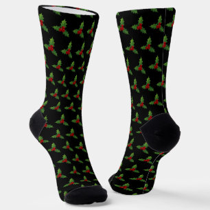 Christmas Holly Pattern Black Socken