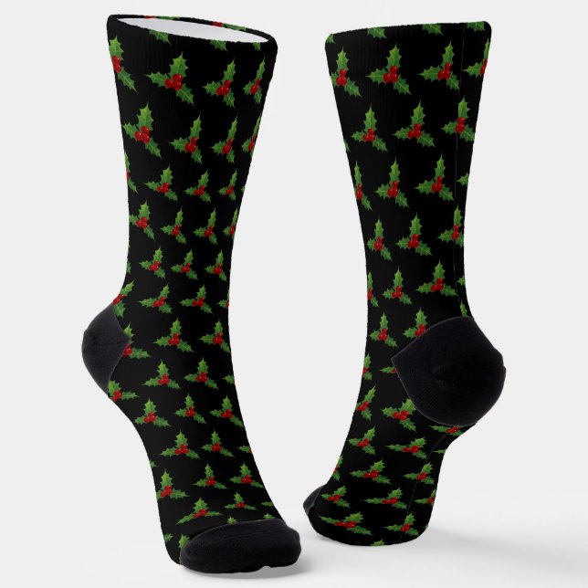 Christmas Holly Pattern Black Socken (Gewinkelt)