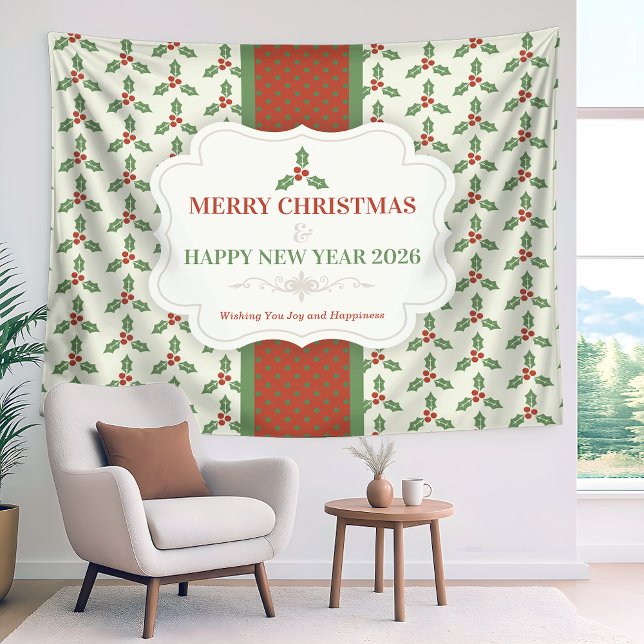 Christmas Holly Pattern Green Holly Red Berries Wandteppich (Von Creator hochgeladen)