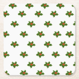 Christmas Holly Pattern Red Berries Green Blätter Rechteckiger Pappuntersetzer