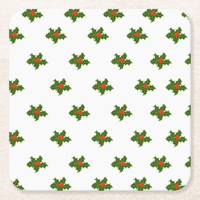 Christmas Holly Pattern Red Berries Green Blätter Rechteckiger Pappuntersetzer (Vorderseite)