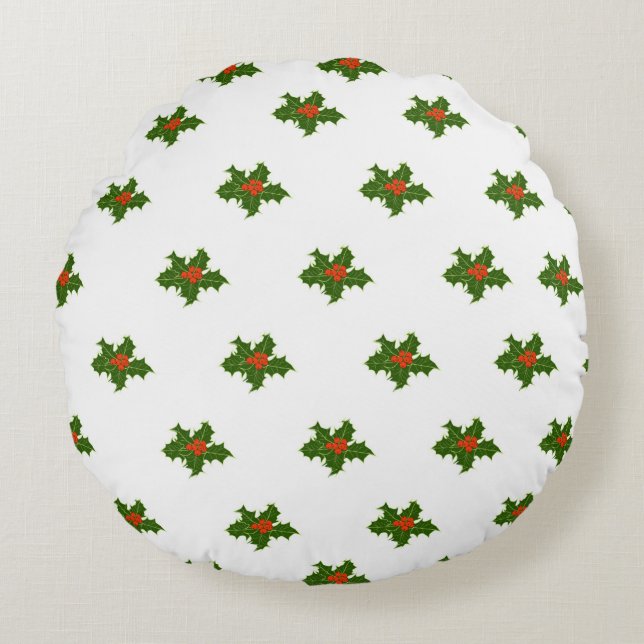 Christmas Holly Pattern Rundes Kissen (Vorderseite)