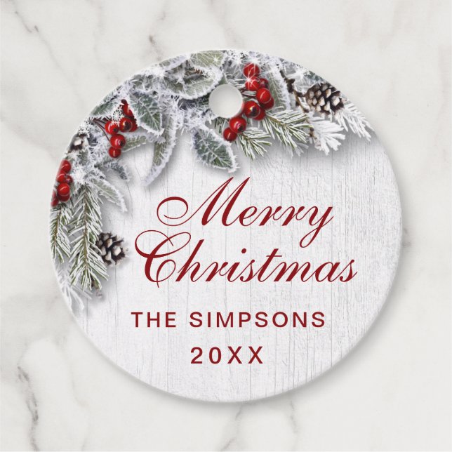 Christmas Holly Pine Branch Rustikaler Urlaub Geschenkanhänger (Vorderseite)