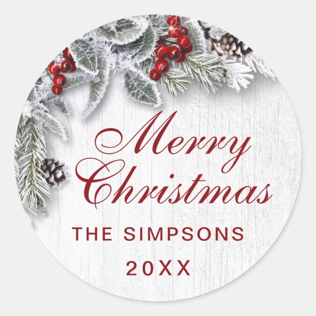 Christmas Holly Pine Branch Rustikaler Urlaub Runder Aufkleber (Vorderseite)
