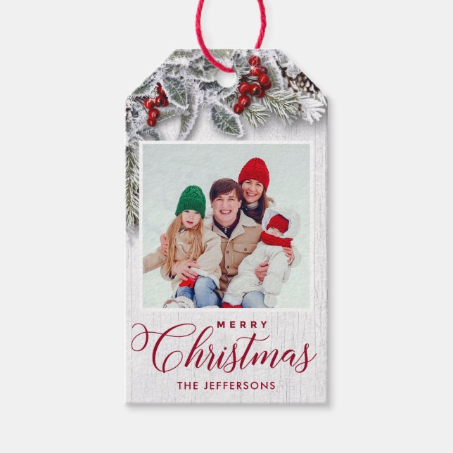 Christmas Holly Pine Branch Rustikales FOTO Urlaub Geschenkanhänger (Vorderseite)