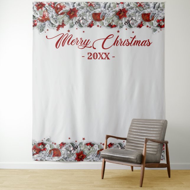 Christmas Holly Poinsettia Foto Stand Background Wandteppich (Beispiel)