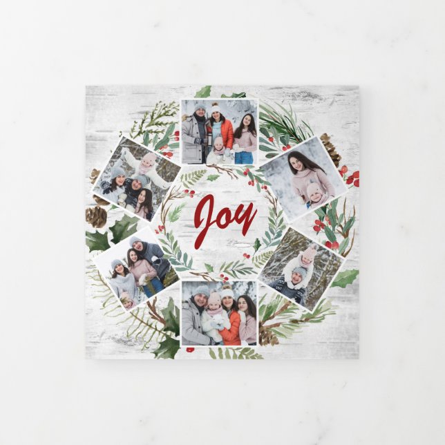Christmas Holly Rustic Birch Bark Multi Foto Dreifach Gefaltete Urlaubskarte (Cover)