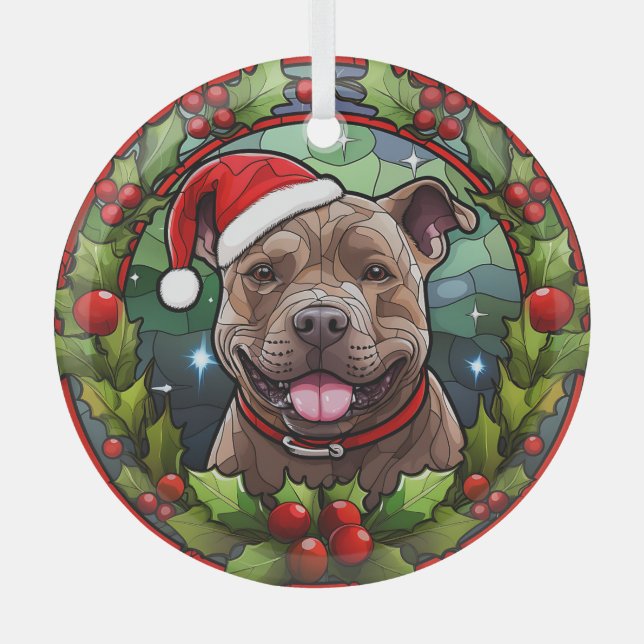 Christmas Holly Santa Staffordshire Terrier Dog Ornament Aus Glas (Vorderseite)
