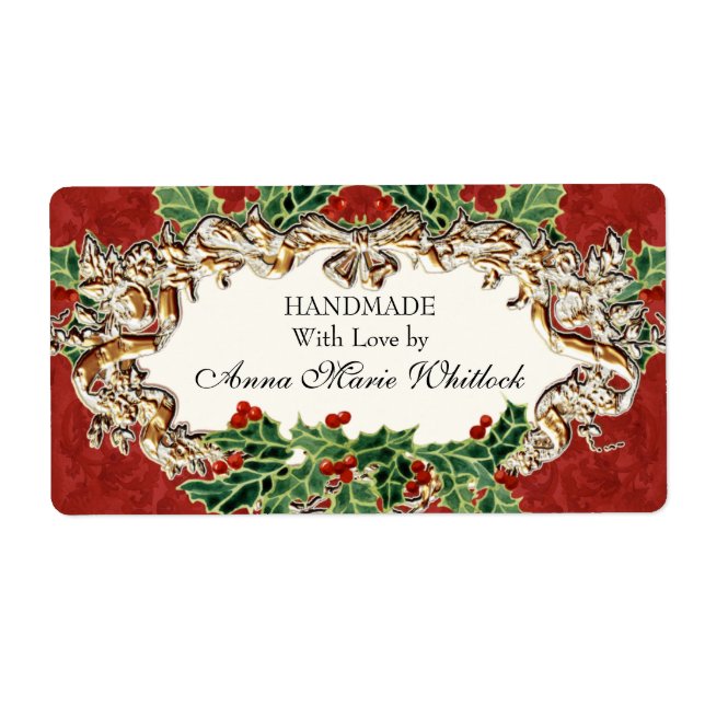 Christmas Holly w Gold Look Ribbon Damask Küche (Vorne)