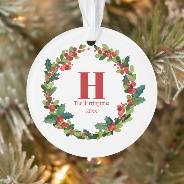 Christmas Holly Wreath Personalisiert Monogram Ornament (Baum)