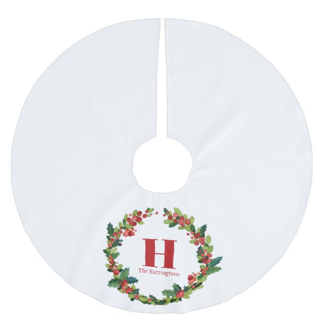 Christmas Holly Wreath Personalisiert Monogram Polyester Weihnachtsbaumdecke (Vorderseite)