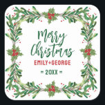 Christmas Holly Wreath Quadratischer Aufkleber<br><div class="desc">Weihnachtskranz mit individualisierbarem Text - Frohe Weihnachten. Elegantes modernes Aquarelldesign.</div>