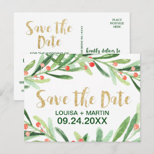 Christmas Holly Wreath Save the Date Ankündigungspostkarte