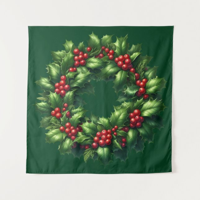 Christmas Holly Wreath Tapestry Wandteppich (Vorderseite)