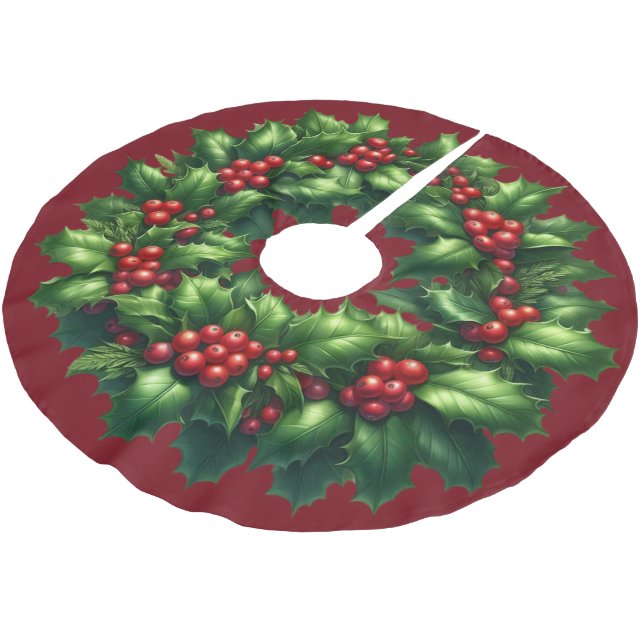 Christmas Holly Wreath Tree Skirt Polyester Weihnachtsbaumdecke (Schrägansicht)