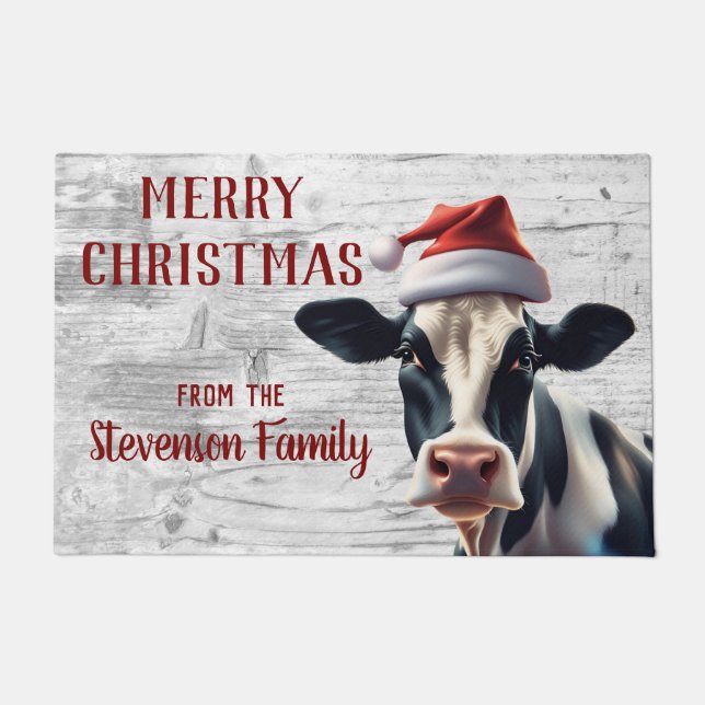 Christmas Holstein Cow Santa Family Name Zuhause Fußmatte (Vorderseite)