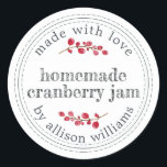 Christmas Homemade Cranberry Jam Runder Aufkleber<br><div class="desc">Rustikale und moderne hausgemachte Weihnachtskonserven aus Cranberry-Marmelade mit dem Text aus Liebe, hausgemachte Cranberry-Konfitüre und Ihr Name in modernem Drehbuch auf einem weißen Hintergrund mit einer stilvollen Touch von Cranberries. Fügen Sie dem Label einfach Ihren Namen und den Produktnamen hinzu. Exklusiv für Sie entworfen von Happy Dolphin Studio. Wenn Sie...</div>