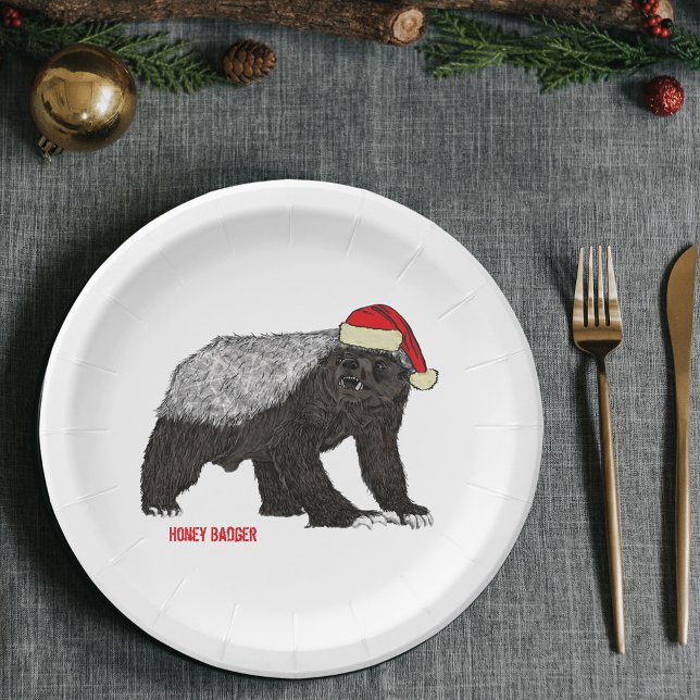 Christmas Honey Badger Pappteller (Christmas honey badger holiday paper plates funny honey badger wearing a Santa hat)