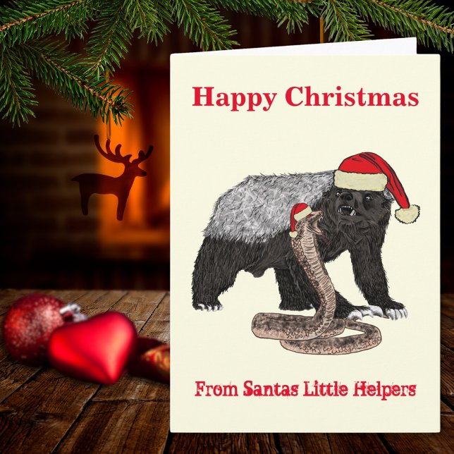 Christmas Honey Badger vs Snake Funny Santa Irony Karte (Funny christmas honey badger and snake wearing Santa hats holiday folded greetings cards)