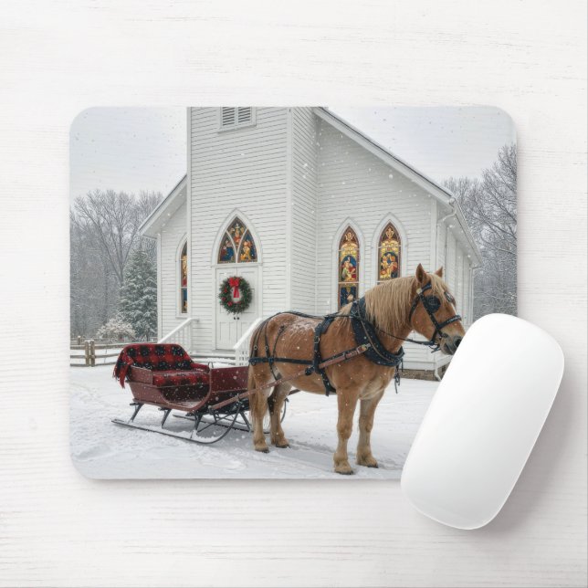 Christmas Horse-Drawn Sleigh Waiting By a Chapel Mousepad (Mit Mouse)