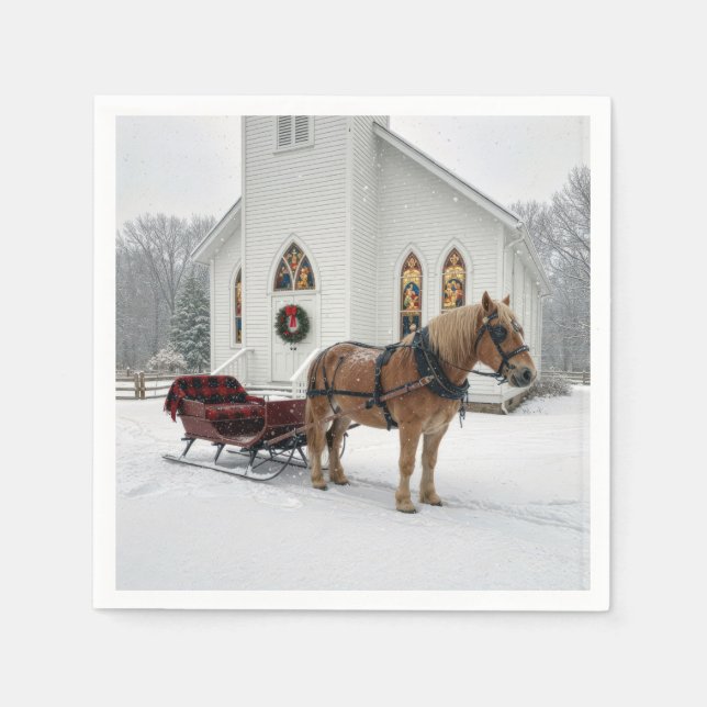 Christmas Horse-Drawn Sleigh Waiting By a Chapel Serviette (Vorderseite)