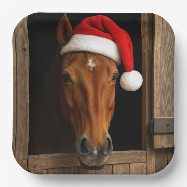 Christmas Horse In Stable Window Pappteller (Vorderseite)