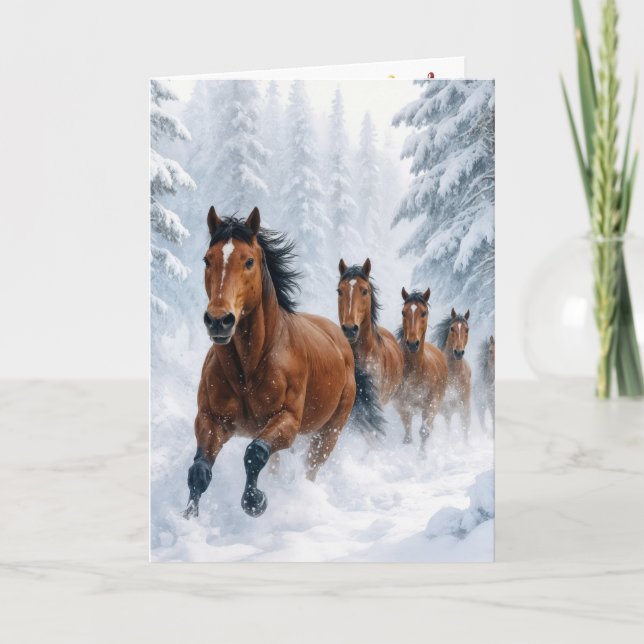 Christmas Horses Running Through a Snowy Forest Karte (Vorderseite)