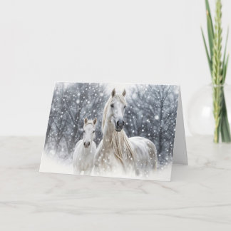 Christmas Horses White Mare and Foal in the Snow  Feiertagskarte