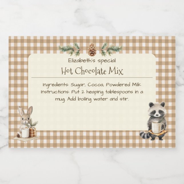 Christmas Hot Chocolate Mix Little Animals Gingham Lebensmitteletikett (Einzelnes Label)