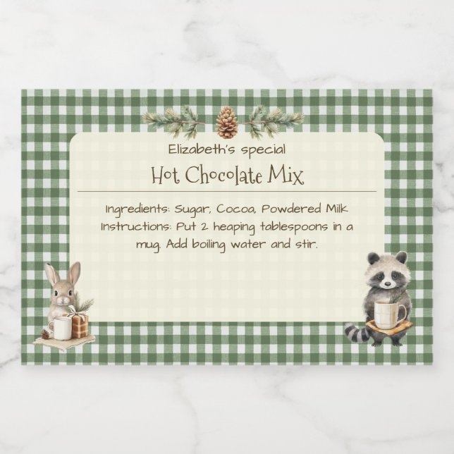 Christmas Hot Cocoa Mix Little Animals Gingham Lebensmitteletikett (Einzelnes Label)