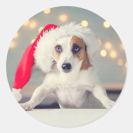 CHRISTMAS HUND MIT Weihnachtsmannmütze-Aufkleber Runder Aufkleber