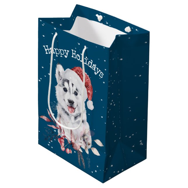 Christmas Husky auf blau Mittlere Geschenktüte (Vorderseite Schrägansicht)