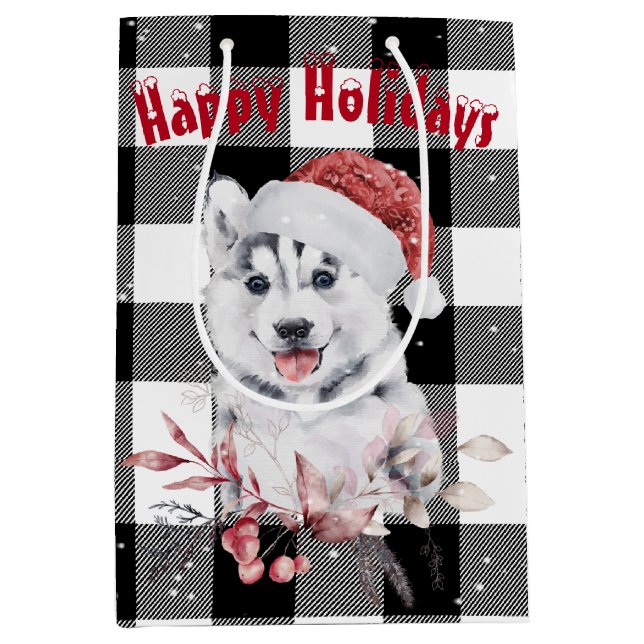 Christmas Husky auf Buffalo Karierte mittelgroße G Mittlere Geschenktüte (Vorderseite)