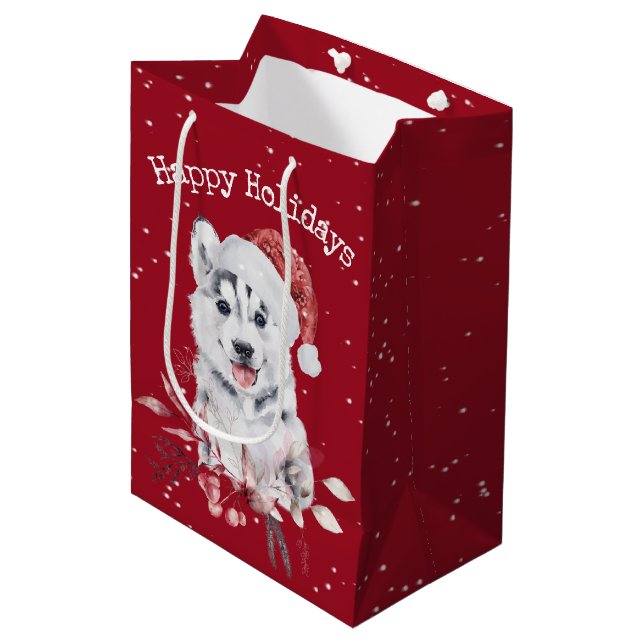 Christmas Husky auf der Red Medium Geschenktasche Mittlere Geschenktüte (Vorderseite Schrägansicht)