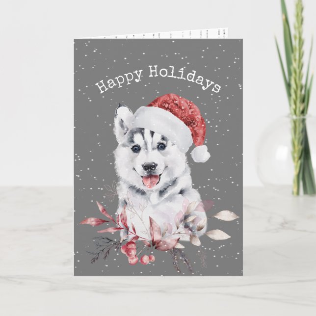 Christmas Husky auf Grau Karte (Vorderseite)