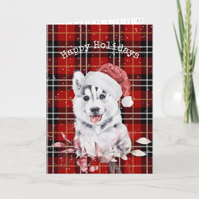 Christmas Husky auf Tartan Kariert Card Karte (Vorderseite)