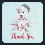 Christmas Husky Dog in einer Weihnachtsmannmütze D Quadratischer Aufkleber<br><div class="desc">Vielen Dank,  dass Sie Aufkleber mit einem whimsikalen und niedlichen Aquarellbild eines Husky-Hundes mit einer blauen Weihnachtsmannmütze tragen.</div>