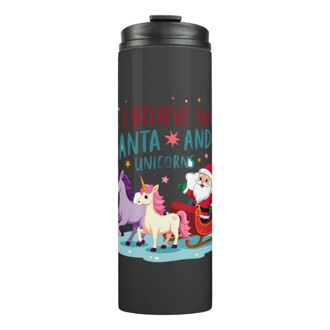 Christmas I Believe In Santa And Unicorns Funny Xm Thermosbecher (Vorderseite)