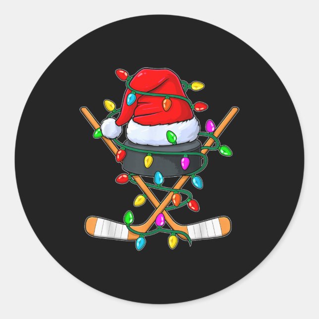 Christmas Ice Hockey Player Santa Hat Xmas Men Boy Runder Aufkleber (Vorderseite)