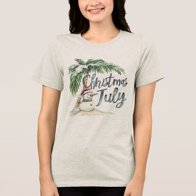 Christmas in July Beach Snowman & Palm Tree Tri-Blend Shirt (Vorderseite)