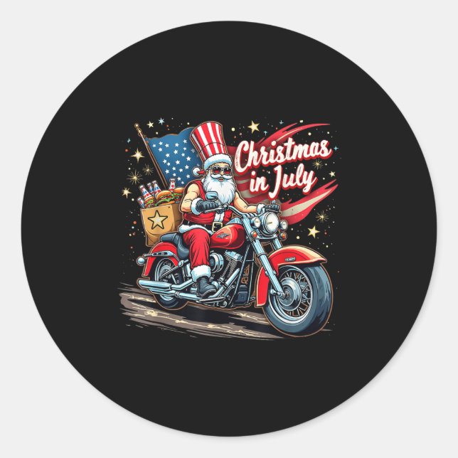 Christmas In July Biker Santa American Funny Summe Runder Aufkleber (Vorderseite)